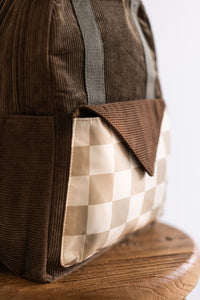 Brown corduroy insulated backpack for school or daycare, nz or Australia 