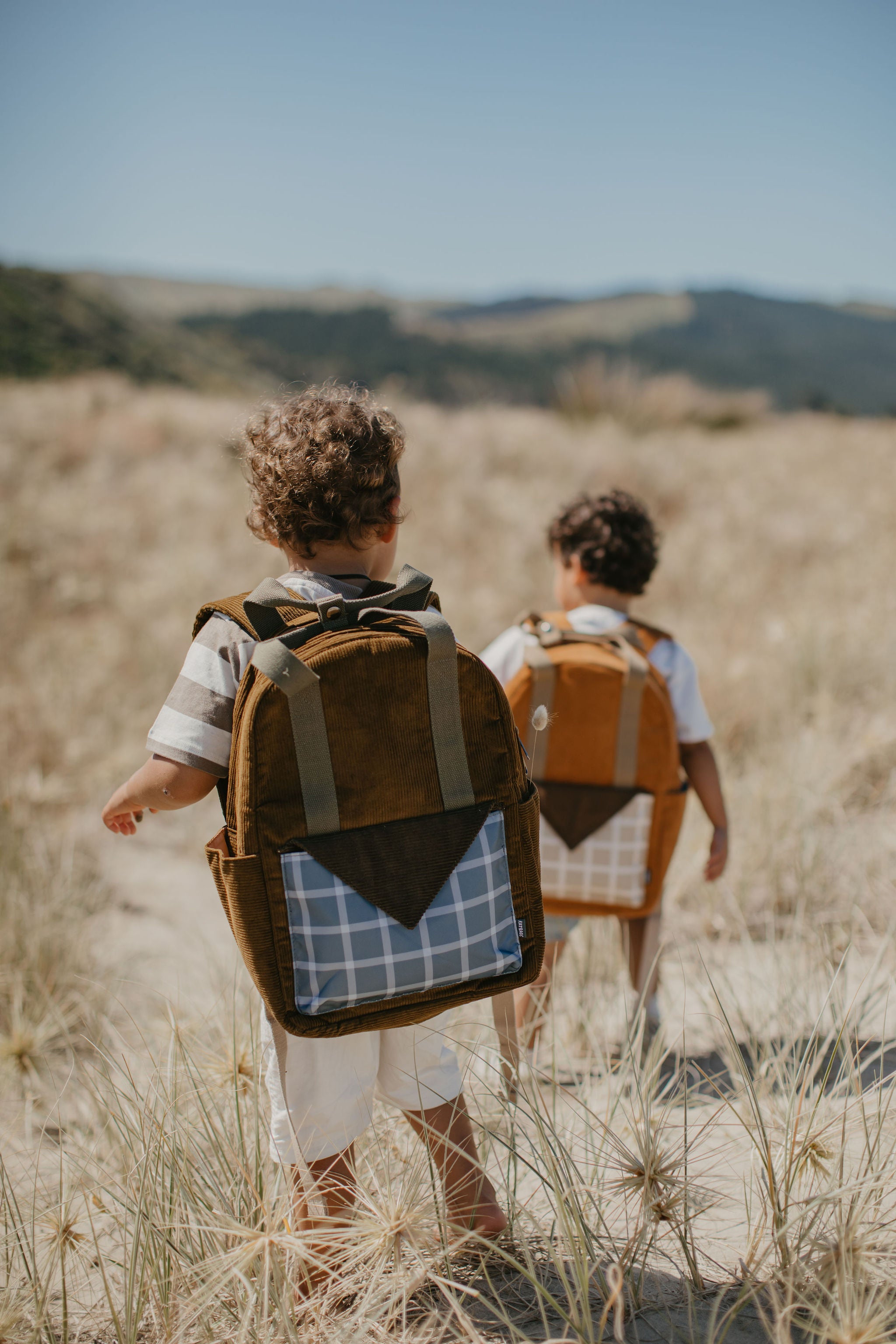 Two children with backpacks walking through a field with mountains in the background